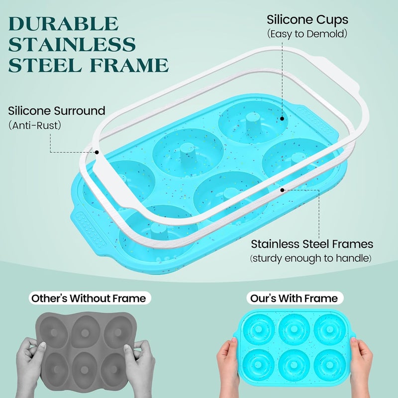 AOTASO Silicone Donut Pan for Baking with Metal Reinforced Frame, Nonstick 3.25 inch Doughnut Baking Pans, 6 Cavity Donut Trays, Make Perfect Bagels and Cake Donuts (Aque) - Image 2